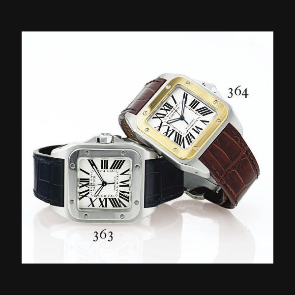 CARTIER. AN OVERSIZED STAINLESS STEEL AND GOLD SQUARE AUTOMATIC WRISTWATCH WITH CENTER SECONDS SIGNED CARTIER, "SANTOS 100", CASE N0. 738777CE, REF. 2656, CIRCA 2004