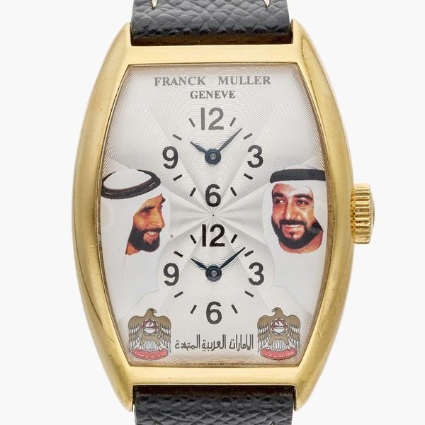 Franck Muller Reference 5850 MB Master Banker | A rare yellow gold automatic dual-time wristwatch bearing portraits of Sheikh Zayed and the Quraysh Hawk, Circa 1990