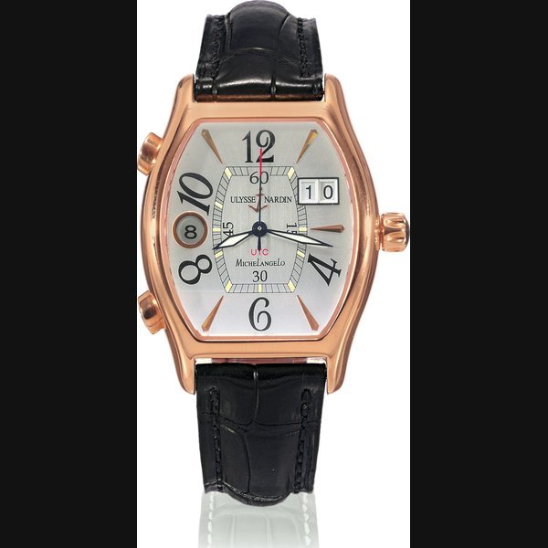 Ulysse Nardin Michelangelo UTC Ulysse Nardin, "Michelangelo UTC", No. 069, Ref. 226-48. Made circa 2005. Fine, tonneau-shaped, self-winding, center seconds, water-resistant, two time zone, 18K pink gold wristwatch with big date and an 18K pink gold Ulysse Nardin buckle. | The Collection of a European Nobleman | Geneva, 11th May 2008