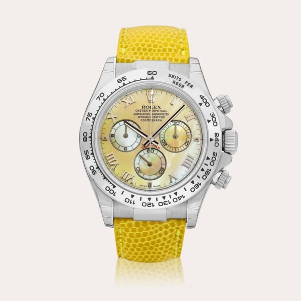 Rolex Cosmograph Daytona "Beach", Reference 116519 | A white gold chronograph wristwatch with yellow mother-of-pearl dial, Circa 2007 | 勞力士 | Cosmograph Daytona "Beach" 型號116519 | 白金計時腕錶，備黃色珠母貝錶盤，約2007年製 · 116519