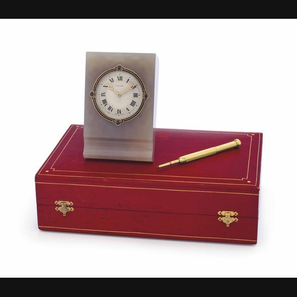 Cartier Cartier. A Fine and Elegant Agate, Enamel and Sapphire-set Desk Clock with 18k Gold Lead Pencil with Fitted Presentation Box SIGNED CARTIER, EUROPEAN WATCH AND CLOCK INC, FRANCE, NO. 2183, CIRCA 1925