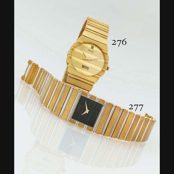 PIAGET. AN 18K GOLD TONNEAU BRACELET WATCH WITH DAY, DATE AND CENTER SECONDS SIGNED PIAGET, "POLO", CASE NO. 452926, REF. 15562 C 701, CIRCA 1985