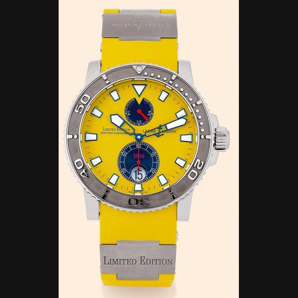 Ulysse Nardin Ulysse Nardin, Le Locle, Suisse, "1846 -Marine Diver Chronometer", Officially Certified, No. 1- 100, Ref. 263-35. Made as a prototype for East Coast Jewelery, Florida, circa 2005. Fine and rare, self-winding, waterresistant, stainless steel diver's wristwatch with date, yellow rubber strap with titanium sections and a titanium Ulysse Nardin deployant clasp. | Important Collectors Wristwatches Pocket Watches & Clocks | New York, 15th March 2006 · 263-35