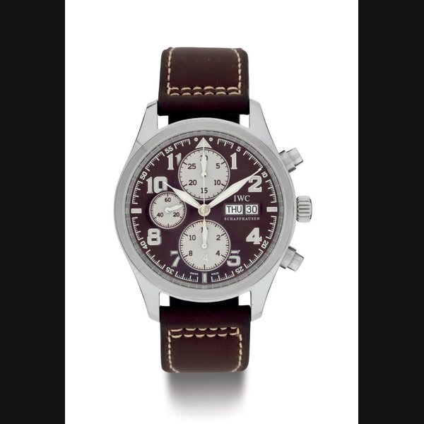 IWC. A FINE LIMITED EDITION 18K WHITE GOLD AUTOMATIC CHRONOGRAPH WRISTWATCH WITH DAY AND DATE SIGNED IWC, SCHAFFHAUSEN, EDITION SAINT EXUPÉRY, FLIEGERUHR CHRONOGRAPH AUTOMATIC, NO. 04/50, CASE NO. 3159890, REF. 3717, CIRCA 2006