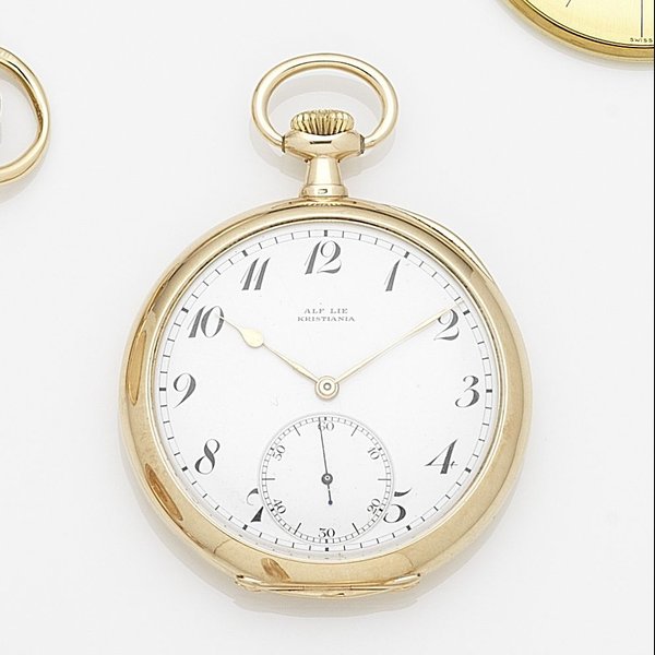 Patek Philippe. A 14k gold keyless wind open face pocket watch Retailed by Alf Lie, Kristiania, Case No.283710, Movement & Cuvette No.181253, Made 1913, Sold 17th April 1918