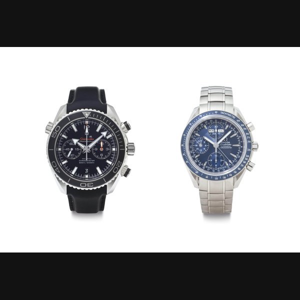 Omega Omega. A Lot of Two Stainless Steel Automatic Chronograph Wristwatches BOTH SIGNED OMEGA, THE FIRST SEAMASTER, CO-AXIAL CHRONOMETER, PLANET OCEAN, CASE NO. 85071757, THE SECOND SPEEDMASTER DAY-DATE, CHRONOMETER, CASE NO. 81627817