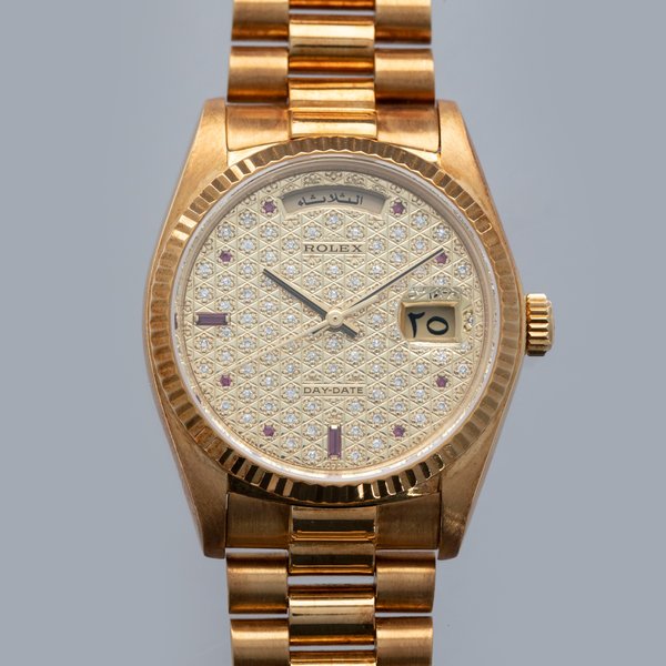 Rolex Day-Date 18038 Engraved Diamond Dial Ruby Indexes Arabic Date Wheels 18k YG