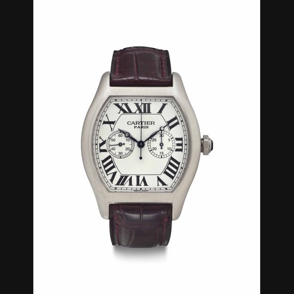 Cartier Cartier. A Fine 18k White Gold Tonneau-Shaped Single Button Chronograph Wristwatch SIGNED CARTIER, PARIS, COLLECTION PRIVÈE, TORTUE CHRONOGRAPH MODEL, NO. 081, REF. 2762, CIRCA 2005