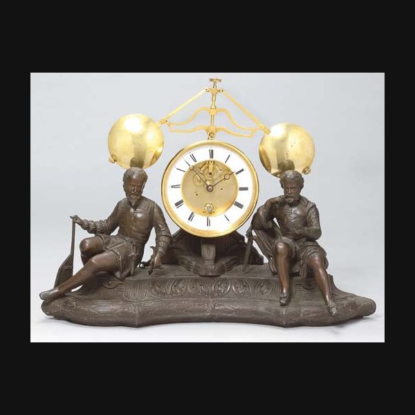 An unusual French bronze-patinated spelter year-going mantel timepiece with equipoise pendulum L. SAPIN, PARIS. CIRCA 1880