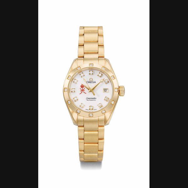Omega. A fine and rare 18K gold and diamond-set automatic wristwatch with mother-of-pearl dial, date and bracelet, made for the Sultanate of Oman. SIGNED OMEGA, SEAMASTER, AUTOMATIC, AQUA TERRA MODEL, REF. 2564, CASE NO. 90'384'669, CIRCA 2005