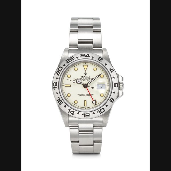 ROLEX, VERY RARE STAINLESS STEEL DUAL TIME 'EXPLORER II' WITH CREAM 'RAIL' DIAL AND DATE, REF. 16550