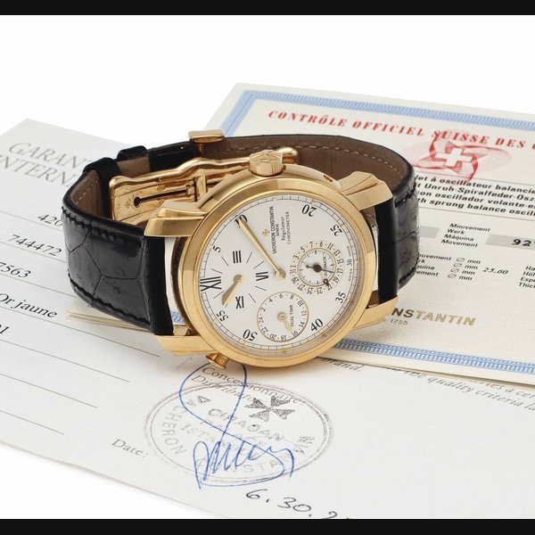 Vacheron Constantin Vacheron Constantin. A Fine 18k Gold Automatic Dual Time Regulator Dial Wristwatch with Date SIGNED VACHERON CONSTANTIN, GENEVE, RÉGULATEUR CHRONOMETER, MALTE MODEL, REF. 42005, MOVEMENT NO. 927'563, CASE NO. 744'472, MANUFACTURED IN 2002