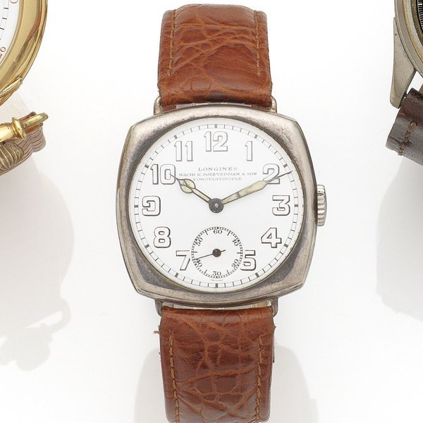 Longines Longines. A stainless steel manual wind wristwatch Retailed by Nacib K. Djezvedjian & Son, Constantinople, Case No.532816, Movement No.3532816, Circa 1917