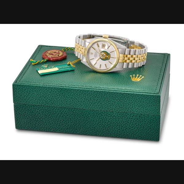 Rolex. A fine and rare stainless steel and 18K gold automatic wristwatch with sweep centre seconds, date, bracelet, sales tags and box, made for the United Arab Emirates Armed Forces Signed Rolex, Oyster Perpetual, Datejust, ref. 16013, case no. 8’012’831, circa 1983