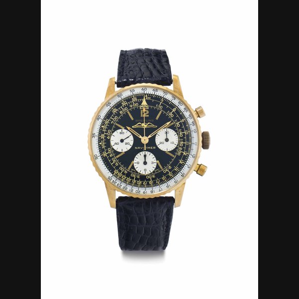 Breitling. An 18k Gold Pilot's Chronograph Wristwatch with Black Dial and Original Certificate SIGNED BREITLING, NAVITIMER, REF. 806, CASE NO. 997'513, CIRCA 1964