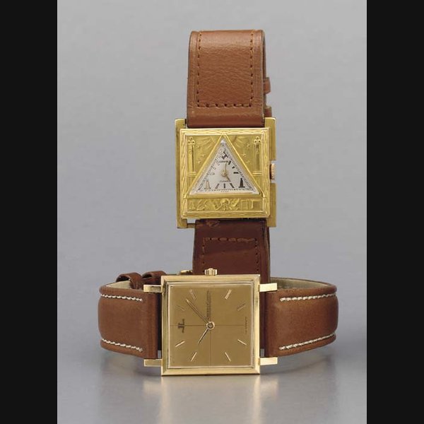 Jaeger-LeCoultre and Swiss. One 18K pink gold square-shaped wristwatch and one gilt and metal square-shaped Masonic wristwatch SIGNED JAEGER-LECOULTRE, CIRCA 1965; AND DIAL SIGNED CERVINE, CIRCA 1945