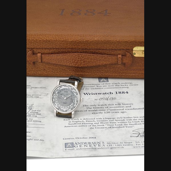 Andersen Genève SVEND ANDERSEN. A RARE 18K WHITE GOLD AUTOMATIC LIMITED EDITION WORLD TIME WRISTWATCH WITH CERTIFICATE AND BOX SIGNED ANDERSEN, 1884, LIMITED EDITION 090/120, UNIVERSAL CORDINATED TIMES, CIRCA 2004