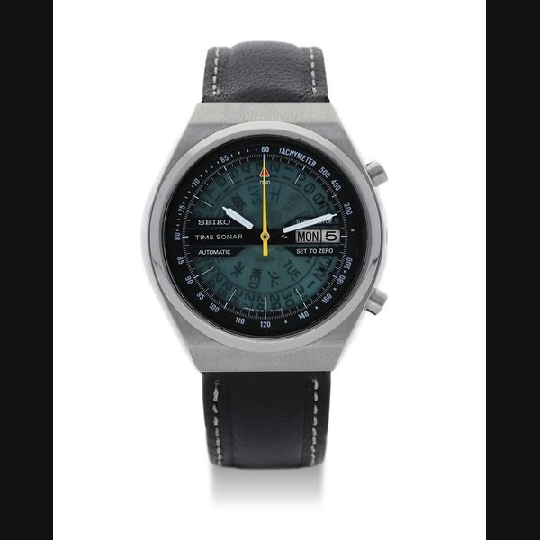 Seiko Seiko. A Rare Stainless Steel "Time Sonar Flyback Chronograph" Wristwatch with Date and Day in English and Japanese, · 7015-6010