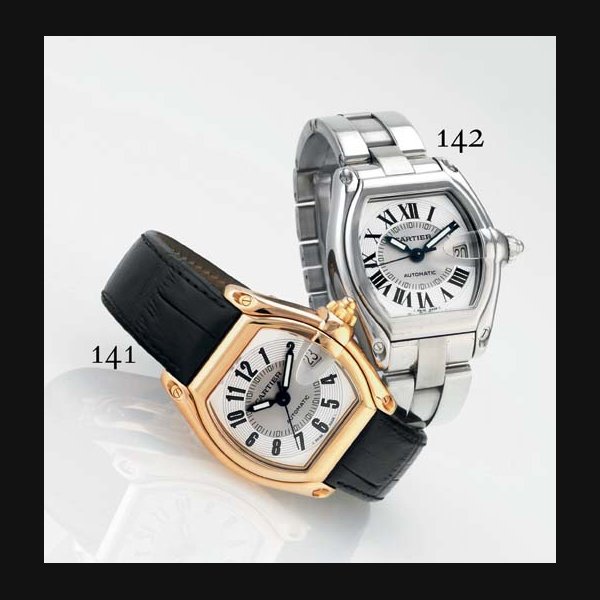 CARTIER. A STAINLESS STEEL TONNEAU AUTOMATIC WRISTWATCH WITH CENTER SECONDS, DATE AND BRACELET SIGNED CARTIER, "ROADSTER", CIRCA 2002