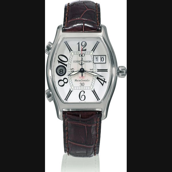 Ulysse Nardin Michelangelo UTC Ulysse Nardin, "Michelangelo UTC", No. 167, Ref. 223-48. Made circa 2005. Fine, tonneau-shaped, self-winding, center seconds, water-resistant, two-time zone, stainless steel wristwatch with large date and a stainless steel Ulysse Nardin buckle. | The Collection of a European Nobleman | Geneva, 11th May 2008 · 223-48