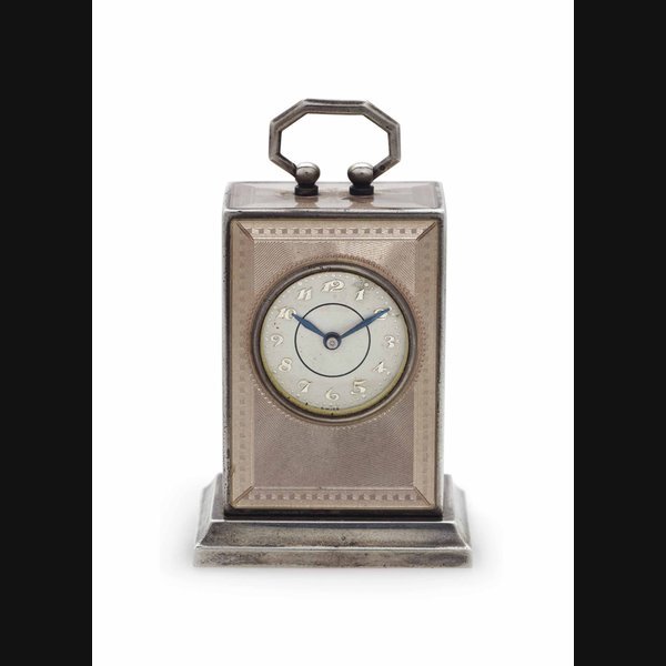 Vacheron Constantin Vacheron Constantin. A Silver and Enamel Miniature Eight Day Desk Clock with Presentation Box SIGNED FABRIQUE POUR VACHERON & CONSTANTIN, GENÈVE, NO. 875, CASE NO. 3091, MANUFACTURED IN 1930