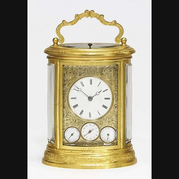 A French engraved gilt-brass striking and repeating eight day carriage clock with calendar and alarm NO.1794. CIRCA 1870