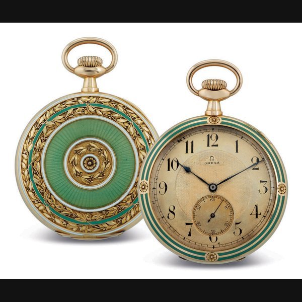 Omega OMEGA. AN 18K GOLD AND ENAMEL OPENFACE KEYLESS LEVER WATCH SIGNED OMEGA, ART NOUVEAU MODEL, CASE NO. 3297811, MANUFACTURED IN 1905