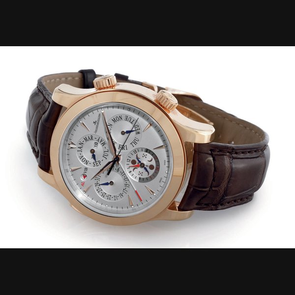 JAEGER-LECOULTRE. A LARGE 18K PINK GOLD AUTOMATIC PERPETUAL CALENDAR WRISTWATCH WITH ALARM, MOON PHASES AND 24 HOUR INDICATION SIGNED JAEGER-LECOULTRE, MASTER GRAND REVEIL, MASTER CONTROL 1000 HOURS, NO. 2414739, REF. 149.2.95, CIRCA 2005