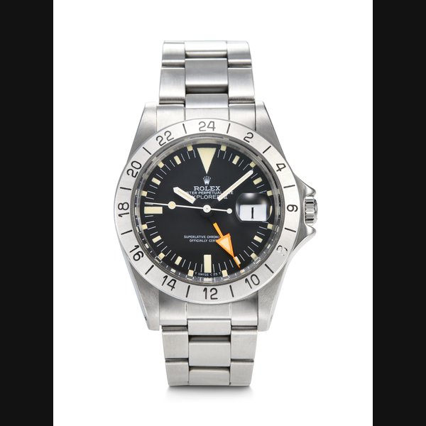 ROLEX. A HIGHLY ATTRACTIVE AND COVETED STAINLESS STEEL AUTOMATIC WRISTWATCH WITH SWEEP CENTER SECONDS, DATE, AND 24-HOUR INDICATION EXPLORER II 'FRECCIONE' MODEL, REF. 1655, CASE NO. 8'127'078, CIRCA 1984