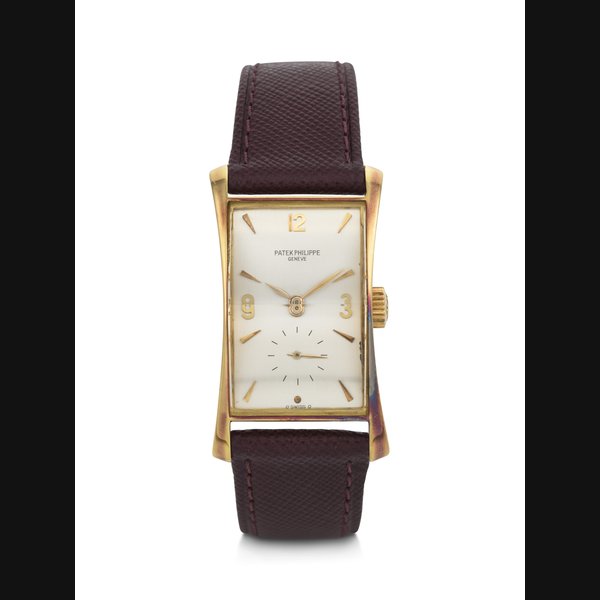 PATEK PHILIPPE, ELEGANT AND LARGE 18K GOLD RECTANGULAR-SHAPED ‘HOUR GLASS’, REF. 1593