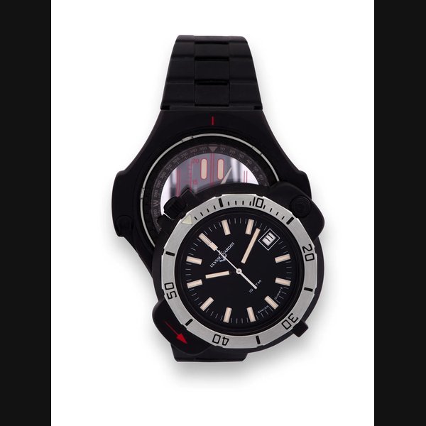 Ulysse Nardin ULYSSE NARDIN, REF. 83.11.01, DIVERS COMPASS WATCH Ulysse Nardin, Ref. 83.11.01. Made in the 1990s. Fine, black PVD-coated stainless steel, water-resistant, quartz, diver's wristwatch with compass, date, center-seconds and black rubber strap. To be sold without reserve | Important Modern & Vintage Timepieces | Geneve, 11th November 2012 · 83.11.01