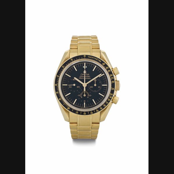 Omega Omega. A Fine and Rare 18k Gold Limited Edition Chronograph Wristwatch with Bracelet SIGNED OMEGA, SPEEDMASTER PROFESSIONAL, APOLLO COIO3, NO. 24/50, REF. 345.0056, MOVEMENT NO. 36'955'931, CIRCA 2000