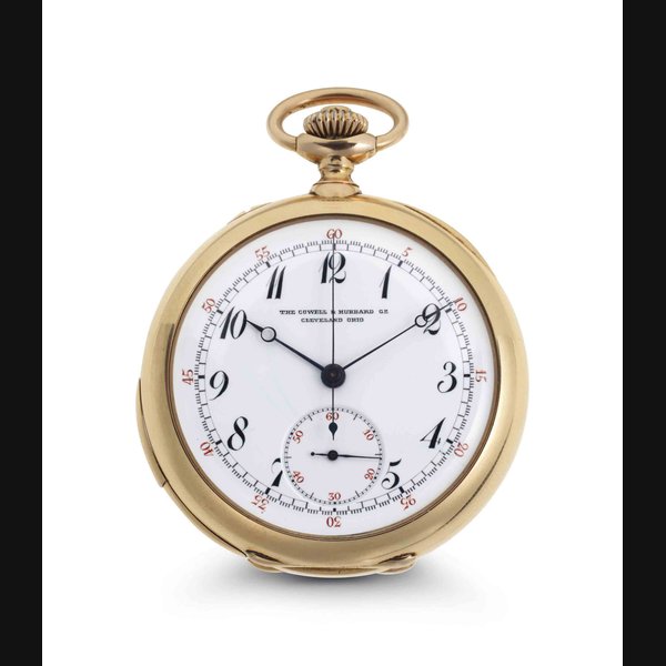 Patek Philippe. A Fine And Early 18k Gold Minute Repeating Openface Keyless Lever Chronograph Watch With Brequet Numerals SIGNED PATEK PHILIPPE & CO., GENEVE, RETAILED BY COWELL & HUBBARD CO., CLEVELAND, OHIO, MOVEMENT NO. 97'499, CASE NO. 214'733, MANUFACTURED IN 1894
