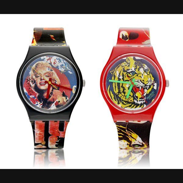 Swatch Rotella Special, Reference GZS04 | A set of two resin wristwatches, Made in collaboration with Mimmo Rotella, Circa 1994 | Rotella Special 型號GZS04 | 一套兩件腕錶，為 Mimmo Rotella 合製，約1994年製 · GZS04