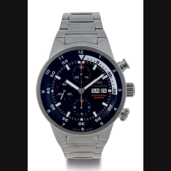 IWC. A LIMITED EDITION STAINLESS STEEL CHRONOGRAPH WRISTWATCH WITH DAY, DATE AND BRACELET SIGNED IWC, SCHAFFHAUSEN, COUSTEAU DIVER, TRIBUTE TO CALYPSO, NO. 1821/2500, ORIGINAL WOOD, CASE NO. 3190807, REF. 3782, CIRCA 2007