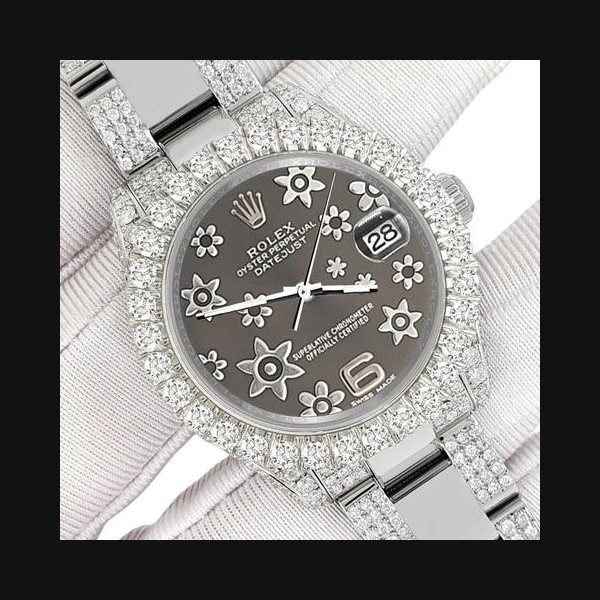 Rolex Datejust31mm Custom Pave 7.2ct Diamond Gray Floral Watch 178240 Box/Apr