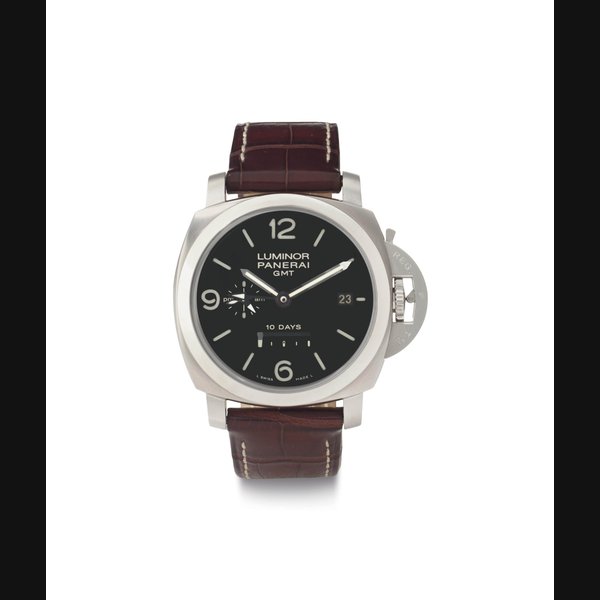 Panerai. An Oversized Stainless Steel Cushion-Shaped Dual Time Wristwatch 10-Day Power Reserve and Date SIGNED OFFICINE PANERAI, LUMINOR GMT 10 DAYS, NO. J0517/1000, REF. OP 6687, MOVEMENT NO. 002165, CASE NO. BB 1257792, PAM00270, CIRCA 2008