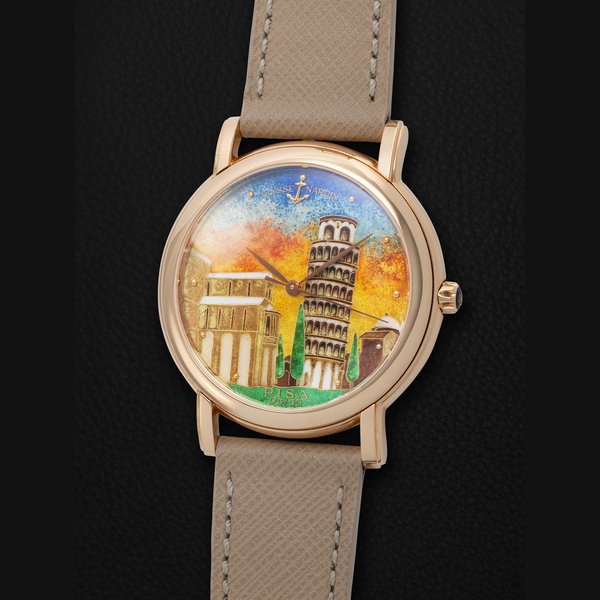 Ulysse Nardin A highly rare, limited edition and collectible, San Marco, automatic wristwatch in pink gold, with cloisonné enamel dial depicting the leaning tower of Pisa and box. Ref. 136-77-9