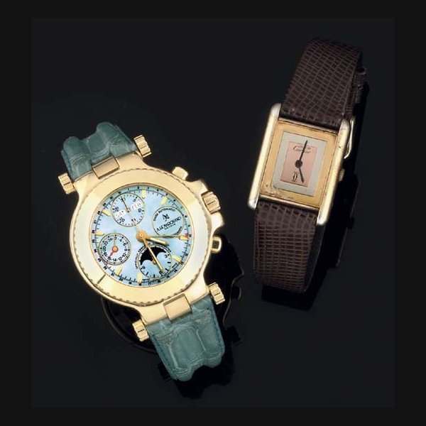 A Le Marquand A Le Marquand. An 18ct Gold Water Resistant Automatic Chronograph wristwatch with mother of pearl dial and triple calendar with moonphase SIGNED A LE MARQUAND GENEVE, CASE NO 74011076, CIRCA 2000
