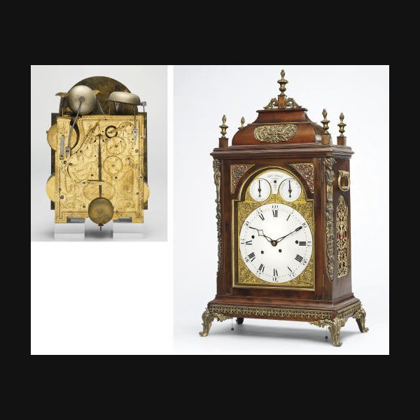  A George III large gilt-brass mounted fruitwood four train musical table clock FRANCIS DORRELL, LONDON. CIRCA 1780