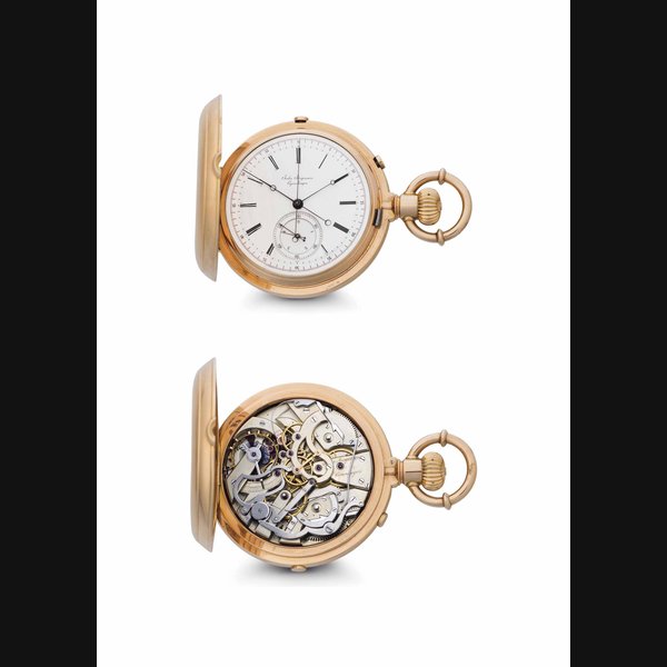 Jules Jürgensen. A Fine and Rare 18k Pink Gold Hunter Case Two-Train Keyless Lever Split-Seconds Chronograph Watch with Jump Fifth Seconds SIGNED JULES JÜRGENSEN, COPENHAGEN, MOVEMENT AND CASE NO. 14'227, MANUFACTURED IN 1876