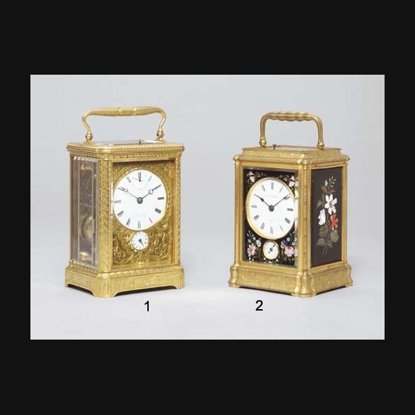 A French engraved gilt-brass and pietre dure mounted grande sonnerie carriage clock with alarm J. KLAFTENBERGER, LONDON, NO.1591. CIRCA 1870