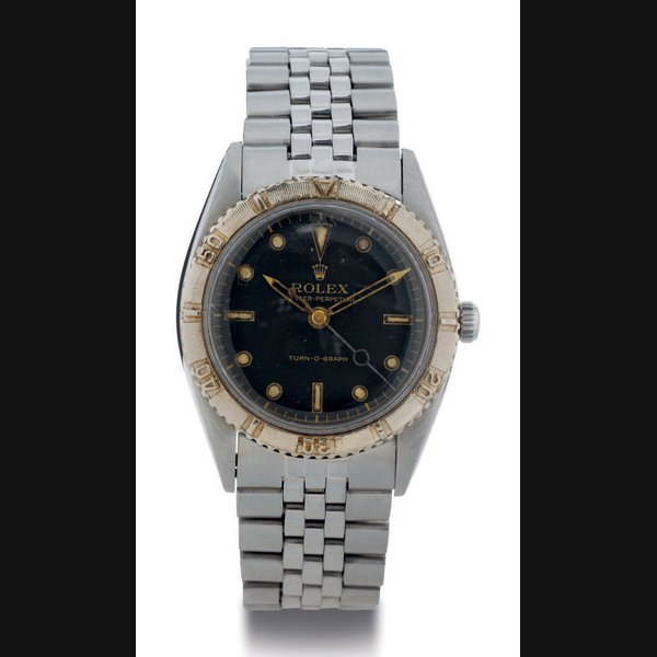 ROLEX. A STAINLESS STEEL AND GOLD AUTOMATIC WRISTWATCH WITH CENTER SECONDS AND BRACELET SIGNED ROLEX, OYSTER PERPETUAL, TURN-O-GRAPH, REF. 6202, CIRCA 1955