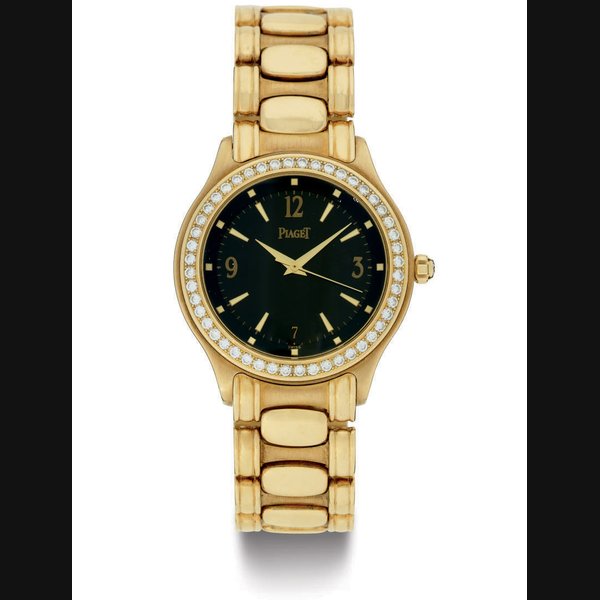 PIAGET. AN 18K GOLD AND DIAMOND AUTOMATIC WRISTWATCH WITH DATE, CENTER SECONDS AND BRACELET SIGNED PIAGET, AUTOMATIQUE, CASE NOS. 26005, M201D AND 804959, CIRCA 2000