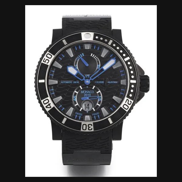 Ulysse Nardin A LIMITED EDITION STAINLESS STEEL COATED WITH BLACK VULCANIZED RUBBER AUTOMATIC WRISTWATCH WITH DATE AND POWER RESERVE INDICATION
REF 263-93 NO 59/100 MONACO MARINE DIVER CIRCA 2010 · 263-93