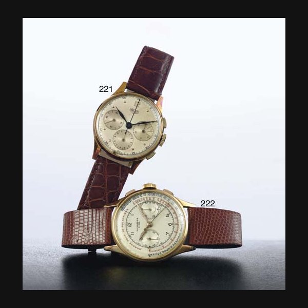 HEUER. A 14K GOLD CHRONOGRAPH WRISTWATCH SIGNED ED. HEUER & CO., MOVEMENT NO. 451146, CASE NO. 74346, CIRCA 1965