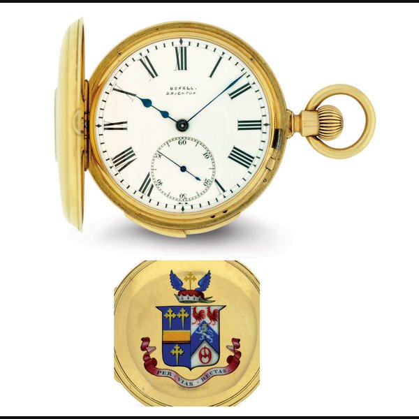 SWISS. AN 18K GOLD AND ENAMEL MINUTE REPEATING HALF-HUNTER CASE POCKET WATCH RETAILED BY BOXELL, 43 KING'S ROAD, BRIGHTON, CASE NO. 13646, CIRCA 1900