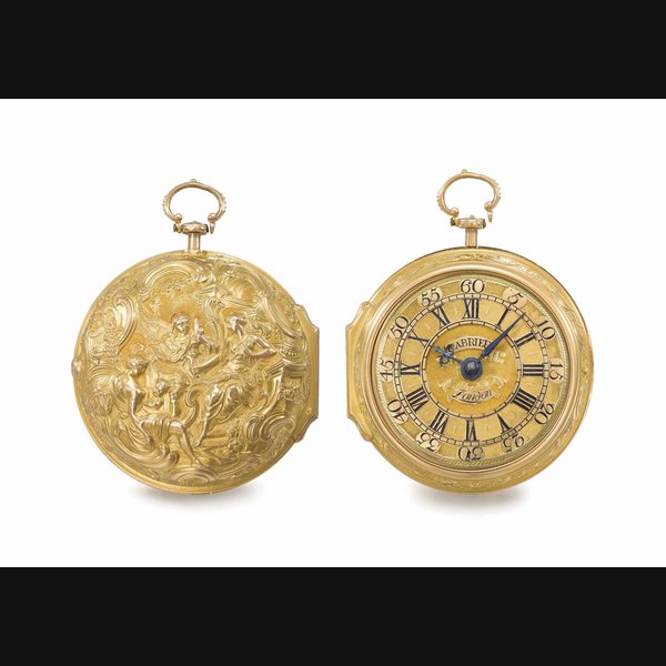 Cabrier. A fine 18K gold pair case verge watch, repoussé scene attributed to George Michael Moser, with outer protective case Signed C. Cabrier, London, 2, No. 5501, stamped with London date letter for 1755-56