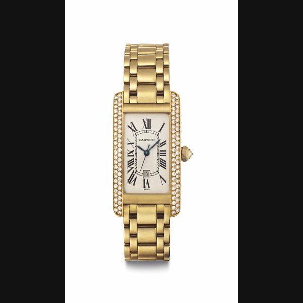 Cartier Cartier. An 18k Gold and Diamond-Set Rectangular Curved Automatic Wristwatch With Bracelet and Date SIGNED CARTIER, TANK AMERICAINE MODEL, REF. 1725, CASE NO. CC723252, CIRCA 1995