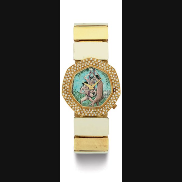 SWISS. AN 18K GOLD, DIAMOND AND ENAMEL EROTICA WRISTWATCH WITH BRACELET UNSIGNED, CASE NO. 90132, CIRCA 2000